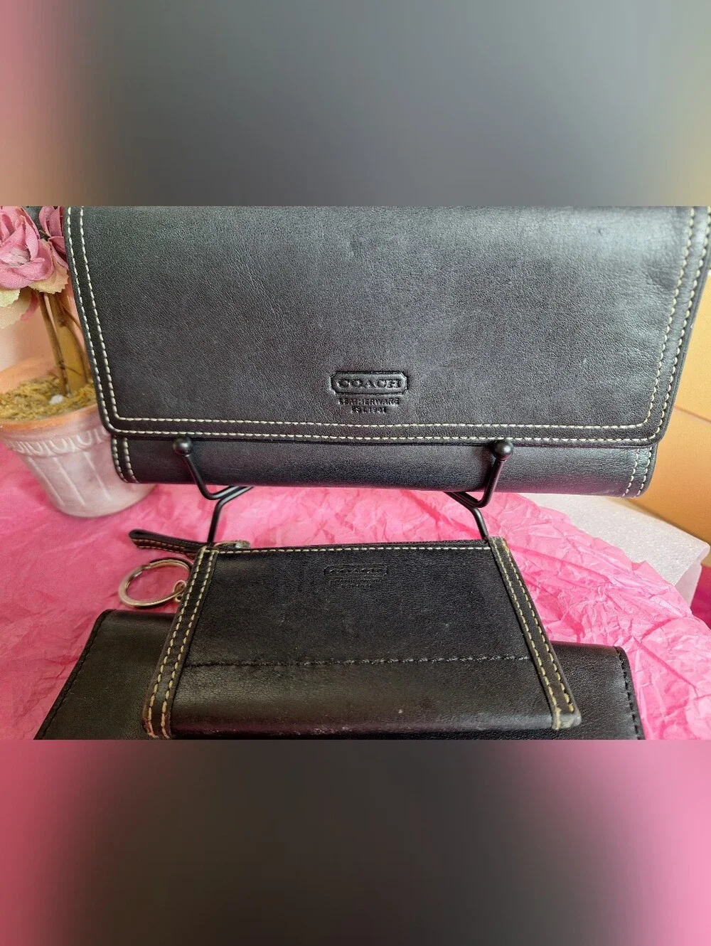 COACH Set Black Leather Wallet, Checkbook Insert & Key Pouch Set